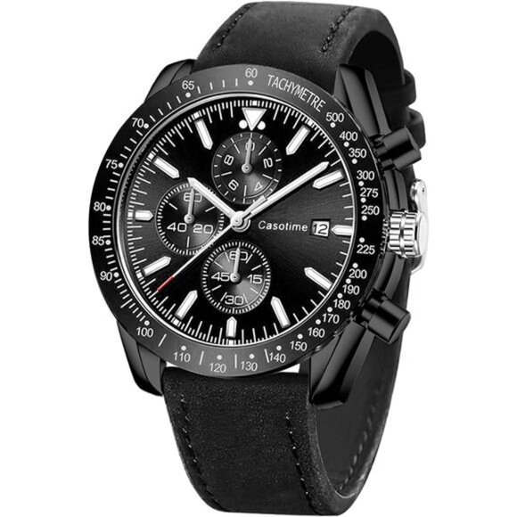 Men's Leather Band Chronograph 30M Waterproof Big Face Analog Quartz Date